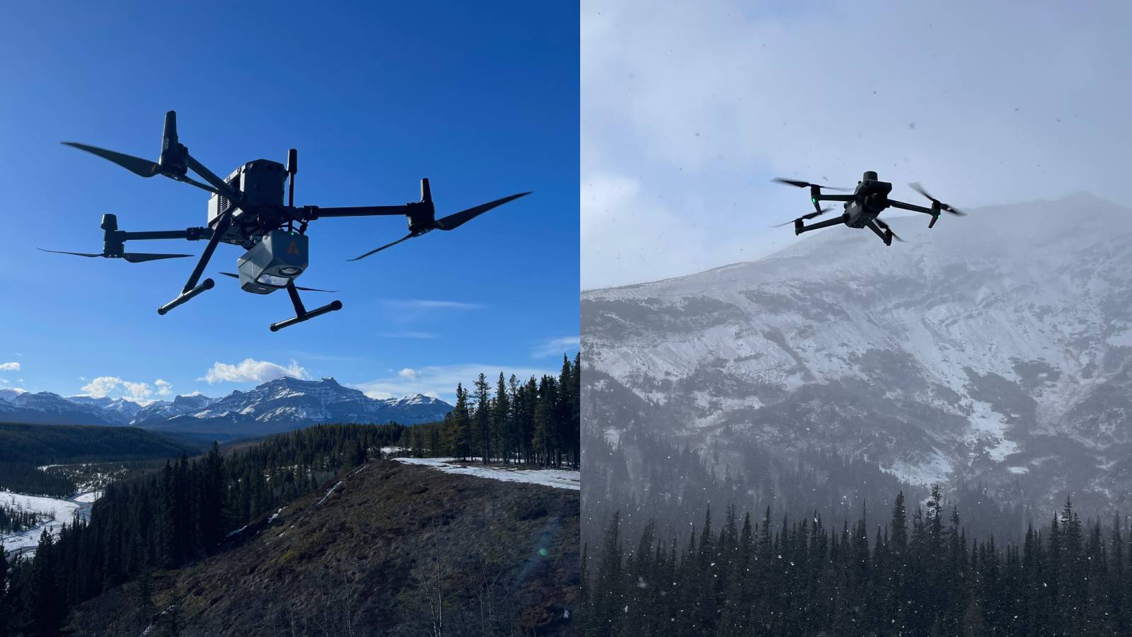 Side-by-side LiDAR point cloud and photogrammetric mesh of an Alberta foothills survey site
