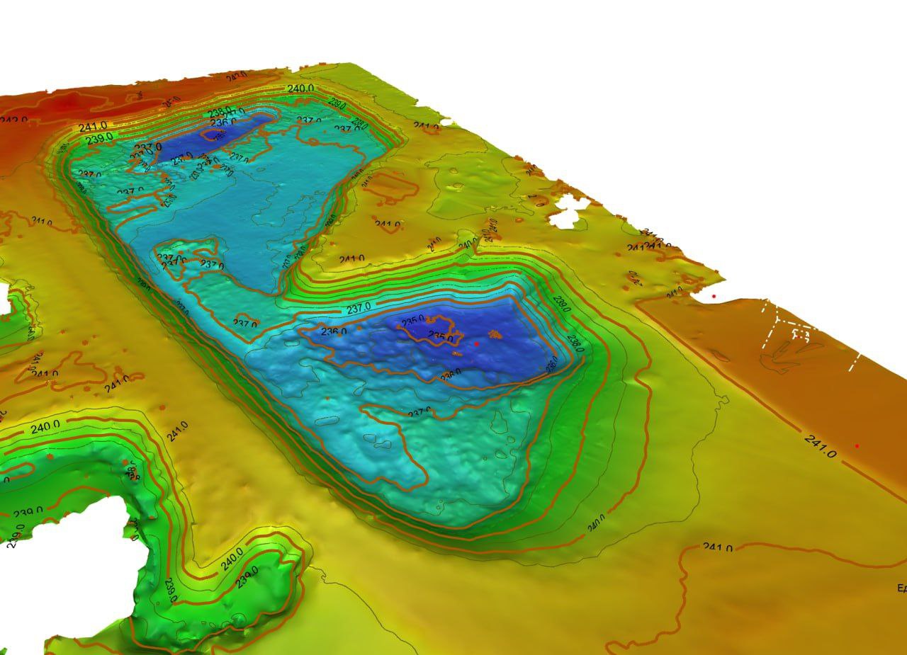 Bathymetric survey lines on pond surface