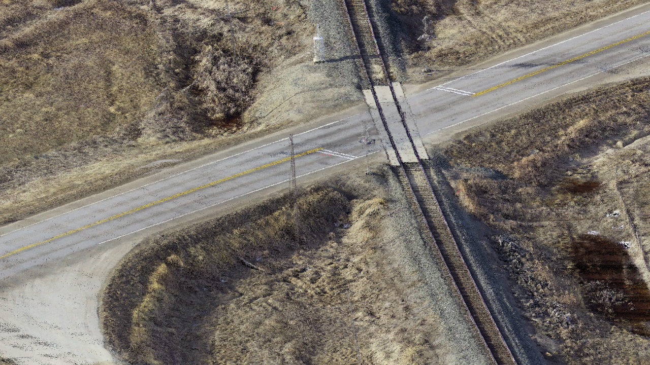 Railway and road intersection scanned with LiDAR